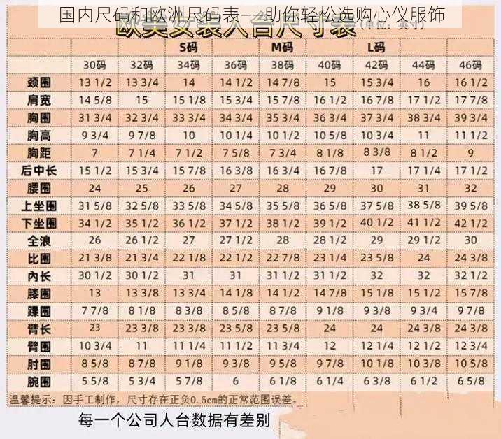 国内尺码和欧洲尺码表——助你轻松选购心仪服饰