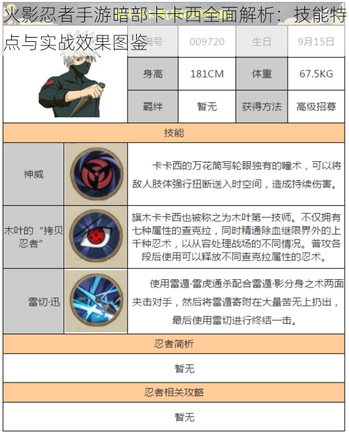 火影忍者手游暗部卡卡西全面解析：技能特点与实战效果图鉴